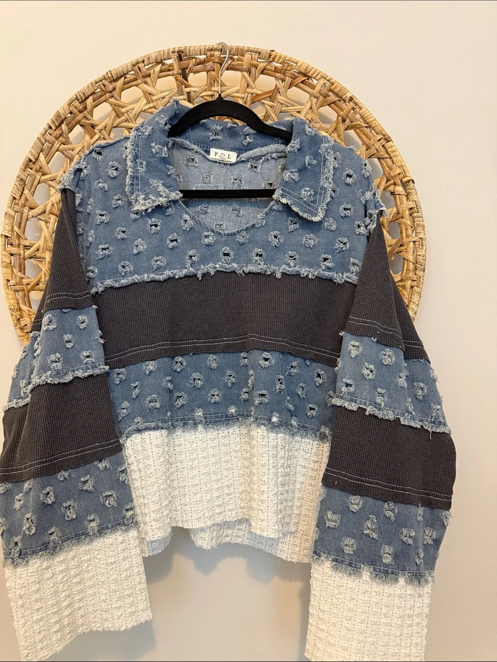 Pol Distressed Patchwork Pullover - Blue, Dark Gray, Cream - Picture 1 of 15